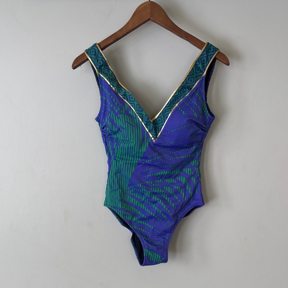 Gottex Green Blue Patterned Leotard V-Neck Gold Bodysuit One-piece Swimsuit